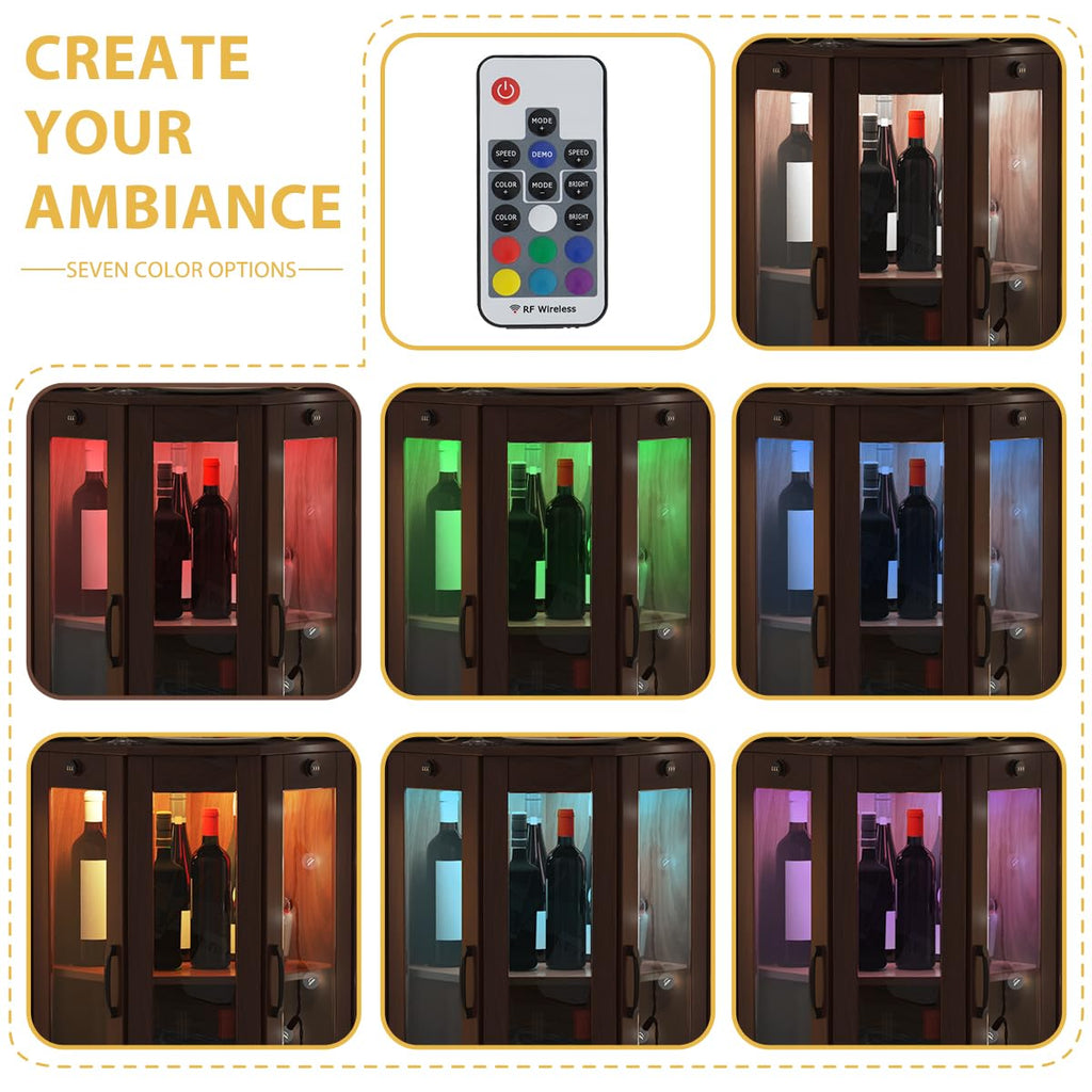 COCO DESIGN All Black Corner Wine Cabinet, Lockable Glass Door with Light