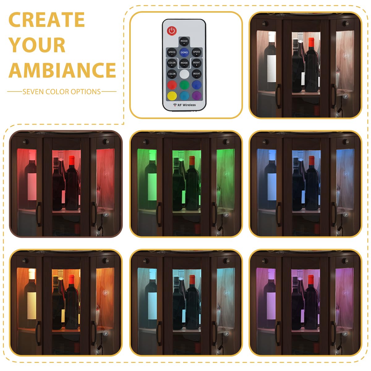 COCO DESIGN All Black Corner Wine Cabinet, Lockable Glass Door with Light