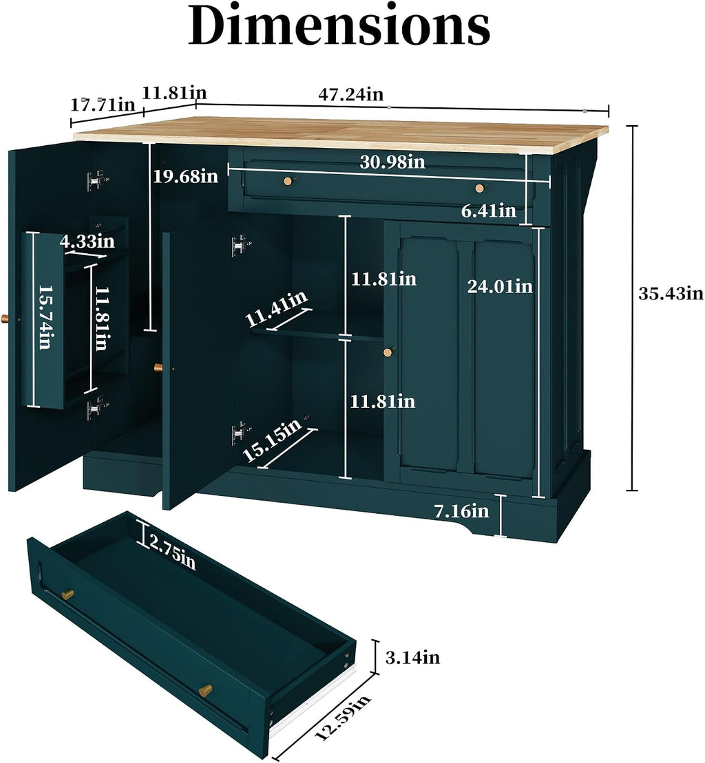 HLR Kitchen Island with Drop Leaf & Storage, Solid Rubber Wood Top Rolling Kitchen Cart with Carved Recessed Panel Doors, Large Mobile Island Table on Wheels for Kitchen, Dining Room (Green)