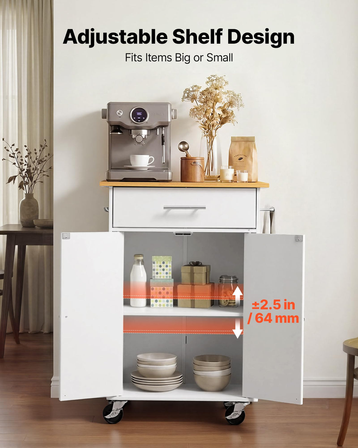 VEVOR Kitchen Island Cart with Storage, 42.28 in Wide Mobile Rolling Storage Island on Swivel Wheels, with Drawer, Storage Cabinet, Drop Leaf, Spice Rack, Table for Home Dining Room, White