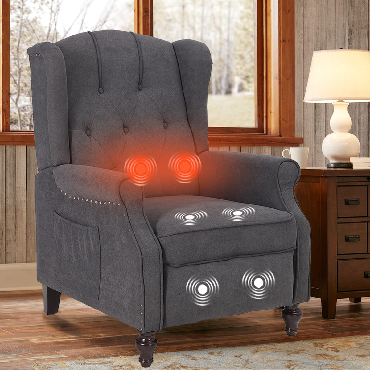 IPKIG Wingback Pushback Recliner Chair - Mid Century Recliner Armchair with Massage and Heat, Rivet Decoration, Button-Tufted Back, Solid Wood Legs for Living Room, Bedroom, Office(Beige)