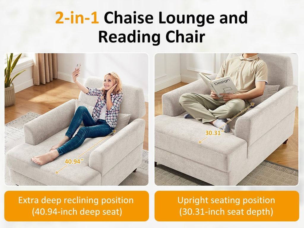 Oversized Chaise Lounge Chair with Adjustable Backrest, Polyester White