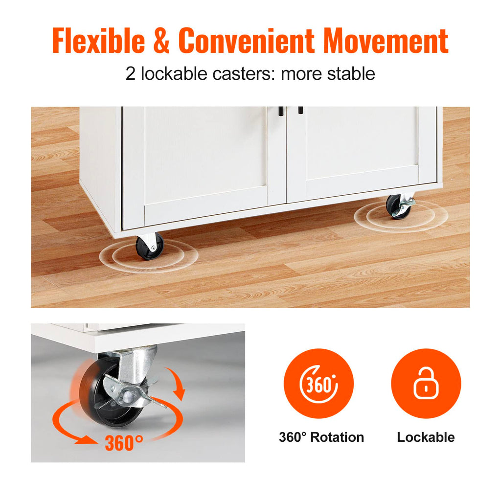 VEVOR Kitchen Island Cart with Storage, 47.64 in Wide Mobile Rolling Storage Island on Swivel Wheels, with 2 Drawers, Storage Cabinet, Drop Leaf, Towel Rack, Table for Home Dining Room, White