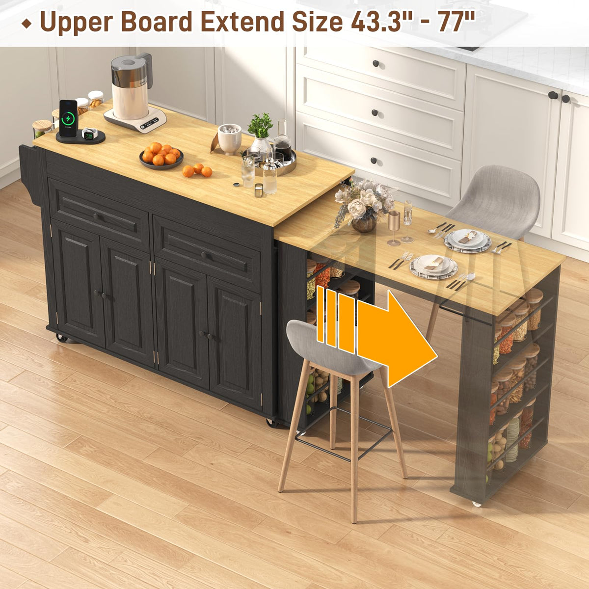 80"-48" Extendable Kitchen Island with Extended Dining Table and Power Outlet,Large Mobile Kitchen Storage Islands with 2 Storage Drawers,Rolling Islands Cart with 3 Extra Rows Open Shelves(Brown)