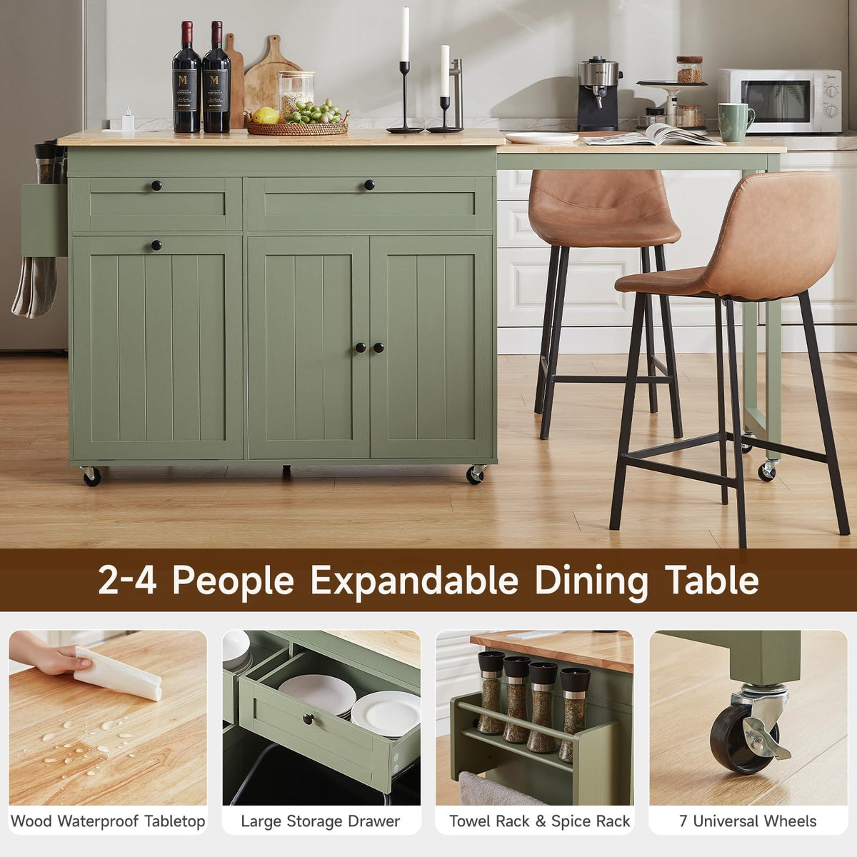 Kitchen Islands with Extendable Dining Table, Mobile Storage Islands, White