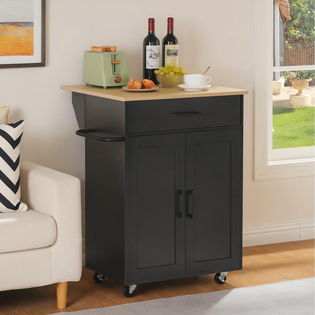 MAHANCRIS Kitchen Island on Wheels with Drop Leaf, Folding Countertop Kitchen Island Cart, Kitchen Island Table with Towel Rack, Drawer, for Kitchen, Dining Room, White and Walnut KIBZ12501