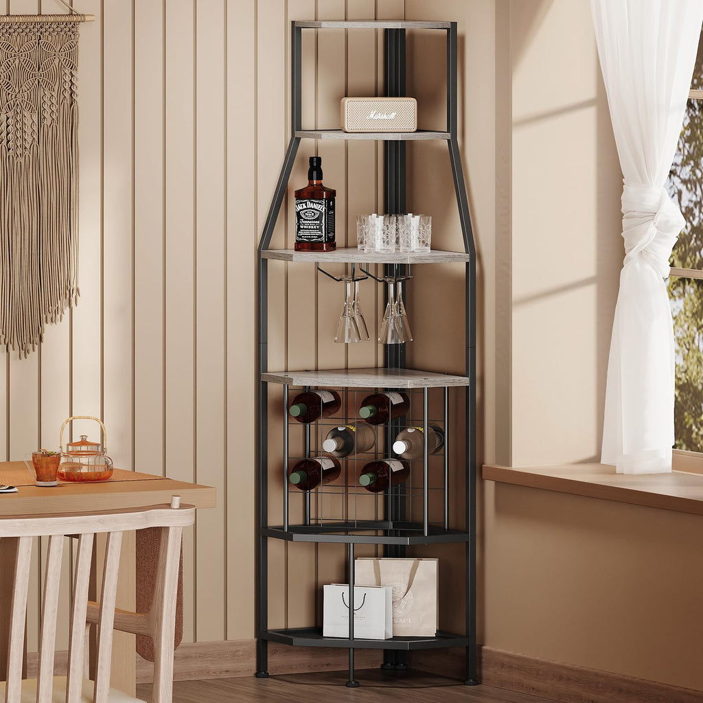 5-Tier Corner Wine Rack with Glass Holder, Floorstanding Wine Storage
