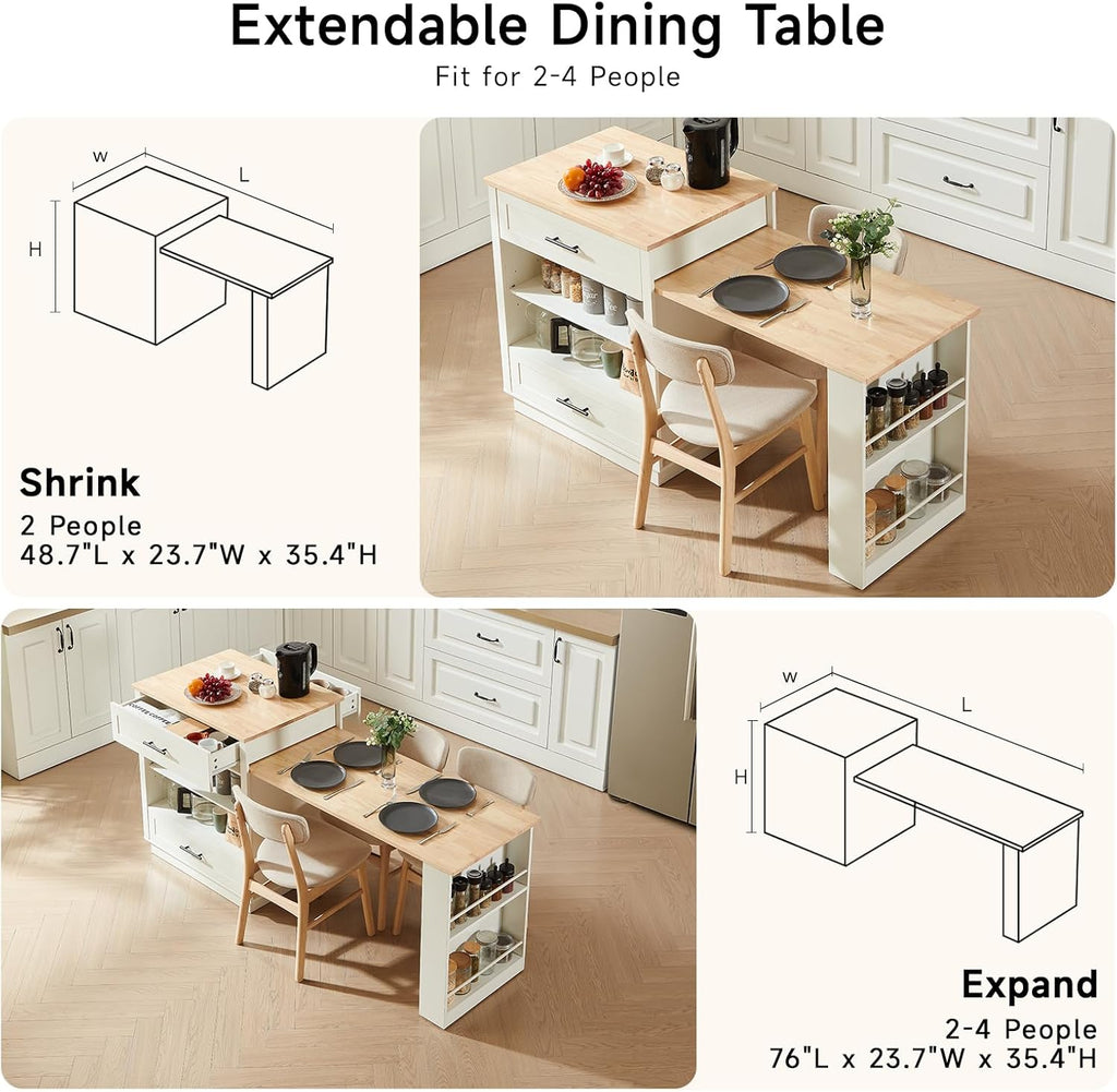 48"-76" Kitchen Islands with Extendable Dining Table, 2-4 People, White