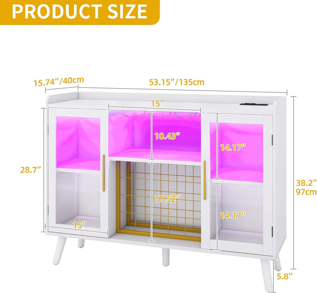 DWVO 53" Wine Bar Cabinet with LED Lights & Power Outlets, White
