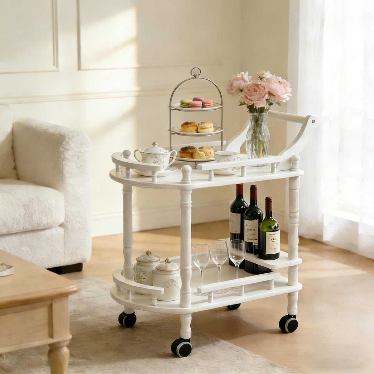 Entertainment Kitchen Cart, Midcentury Modern Imported rubberwood Brown Finished Wood 3-Tier Mobile Bar Cart Serving Cart