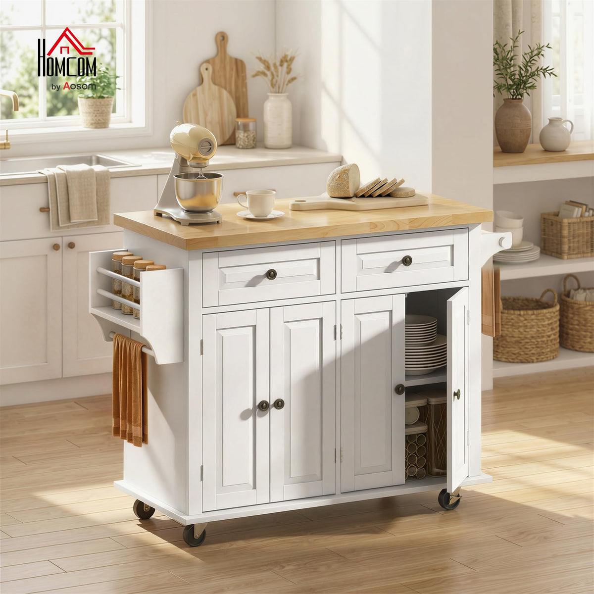 HOMCOM Kitchen Island Cart on Wheels with Solid Wood Top, 44" Cream White