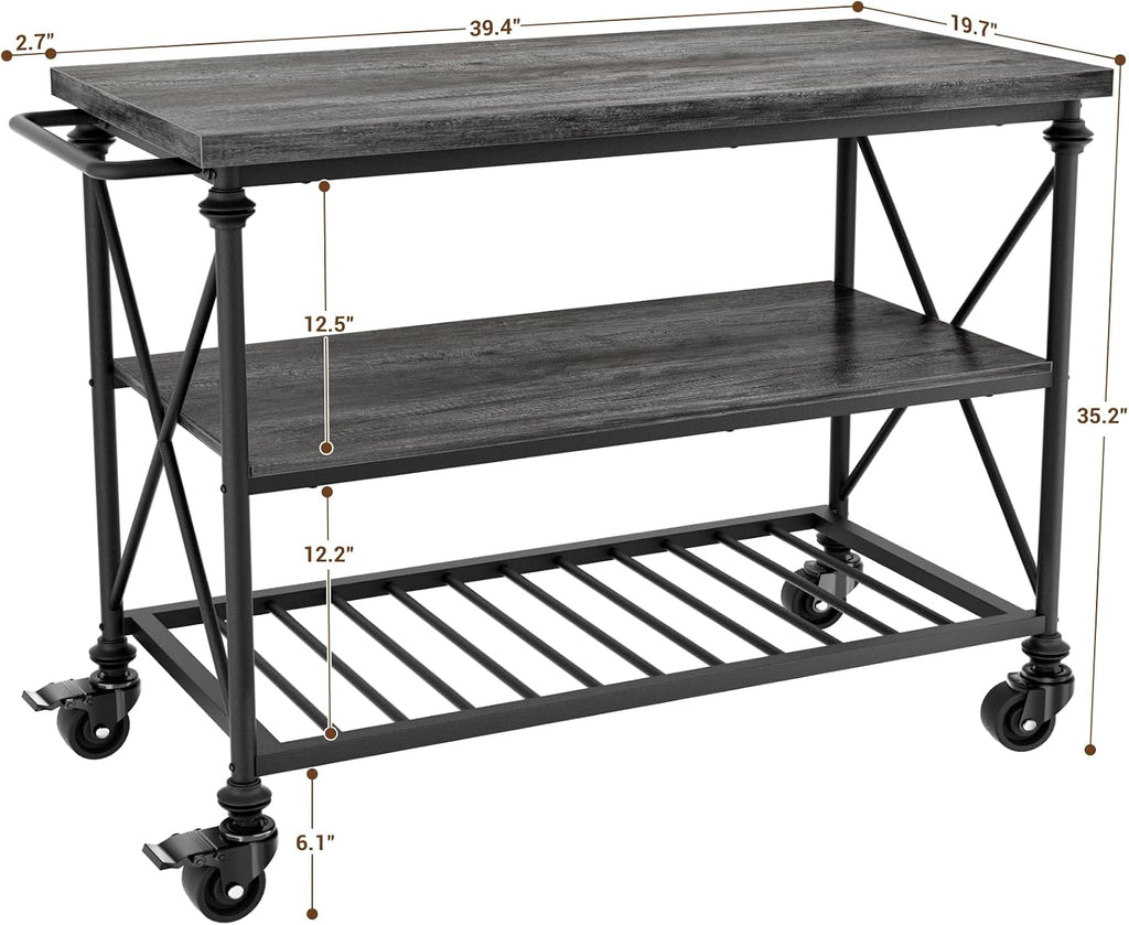 Homieasy Kitchen Island Cart with Wheels, 3-Tier Wood and Metal Rolling Kitchen Island Table with Pipe Legs, Storage Shelves & Lockable Casters for Kitchen Dining Room, Black Oak