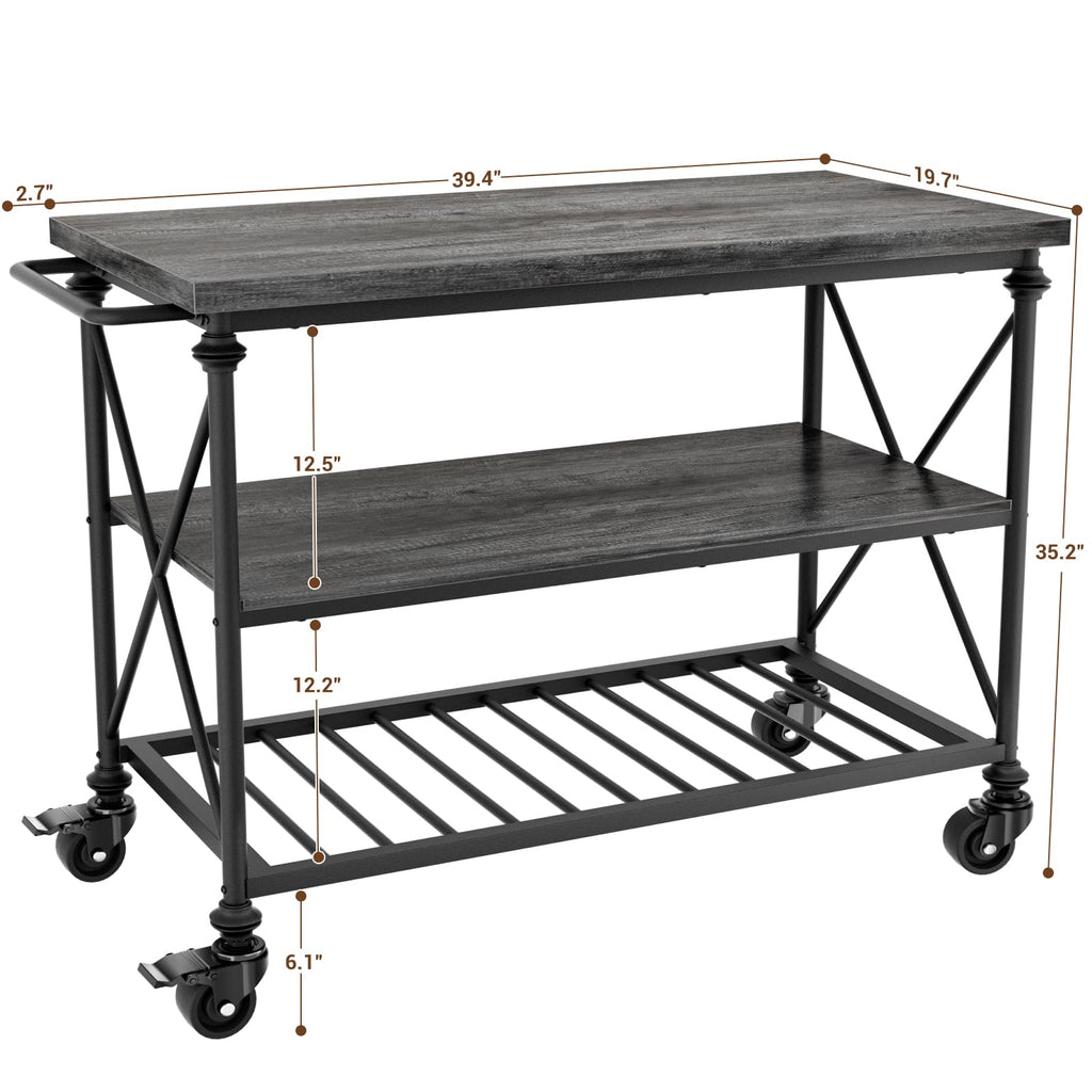 Homieasy Kitchen Island Cart with Wheels, 3-Tier Wood and Metal Rolling Kitchen Island Table with Pipe Legs, Storage Shelves & Lockable Casters for Kitchen Dining Room, Black Oak