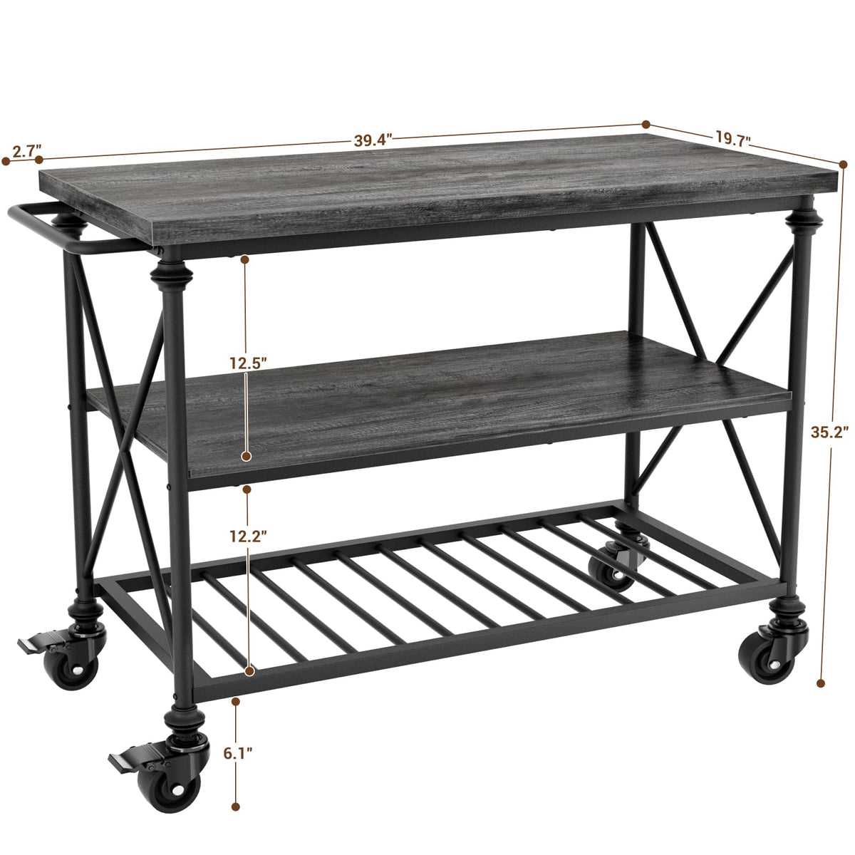 Homieasy Kitchen Island Cart with Wheels, 3-Tier Wood and Metal Rolling Kitchen Island Table with Pipe Legs, Storage Shelves & Lockable Casters for Kitchen Dining Room, Black Oak