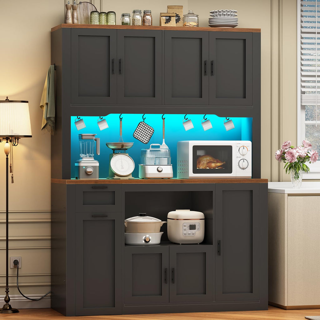 Itaar 71" Kitchen Pantry Cabinet with Charging Station and Led Light, Kitchen Storage Cabinets with Microwave Stand, 59" Wide Pantry Storage Cabinet with Storage Cart 3 Tier for Dining Room, White