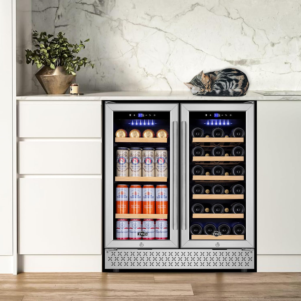 Tylza Wine Fridge 15'', 30 Bottles Wine Cooler Refrigerator, Undercounter or Freestanding, Removable Shelves, 40-65Â°F, Wine Cabinet with Double Glass Door, Wine Cooler for Home, Kitchen, Bar