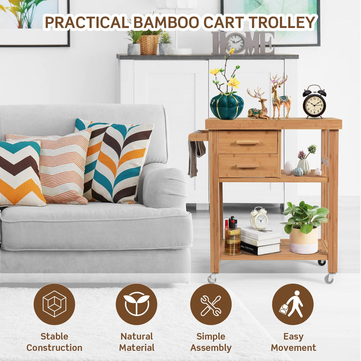 Bamboo Kitchen Island Cart with Storage, Rolling Butcher Block