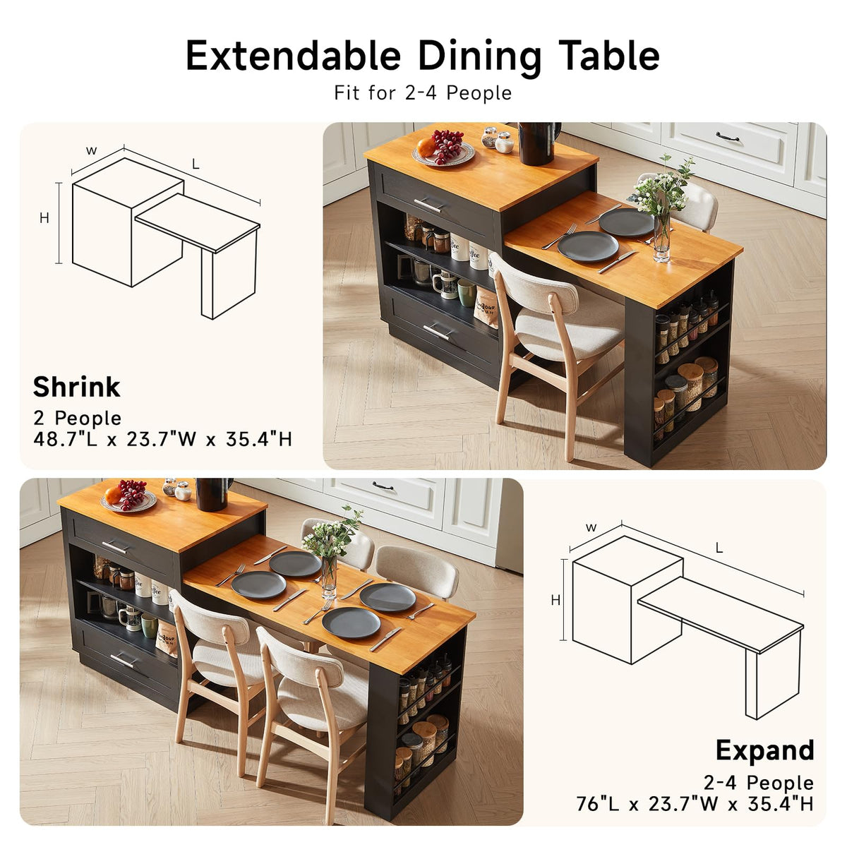 48"-76" Kitchen Islands with Extendable Dining Table, 2-4 People, White