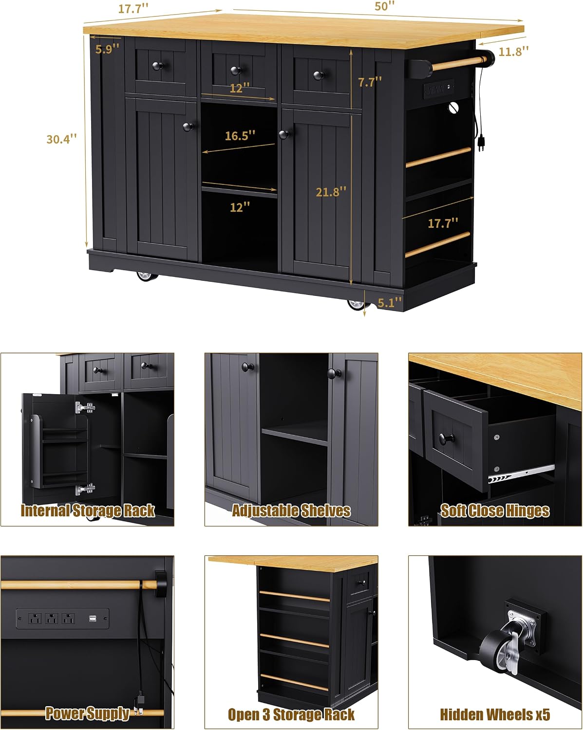 53-Inch Rolling Kitchen Island with Storage