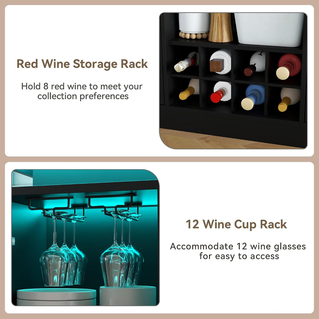 Wine Bar Cabinet with LED Light, Home Coffee Bar Cabinet w/ Wine&Glass Rack