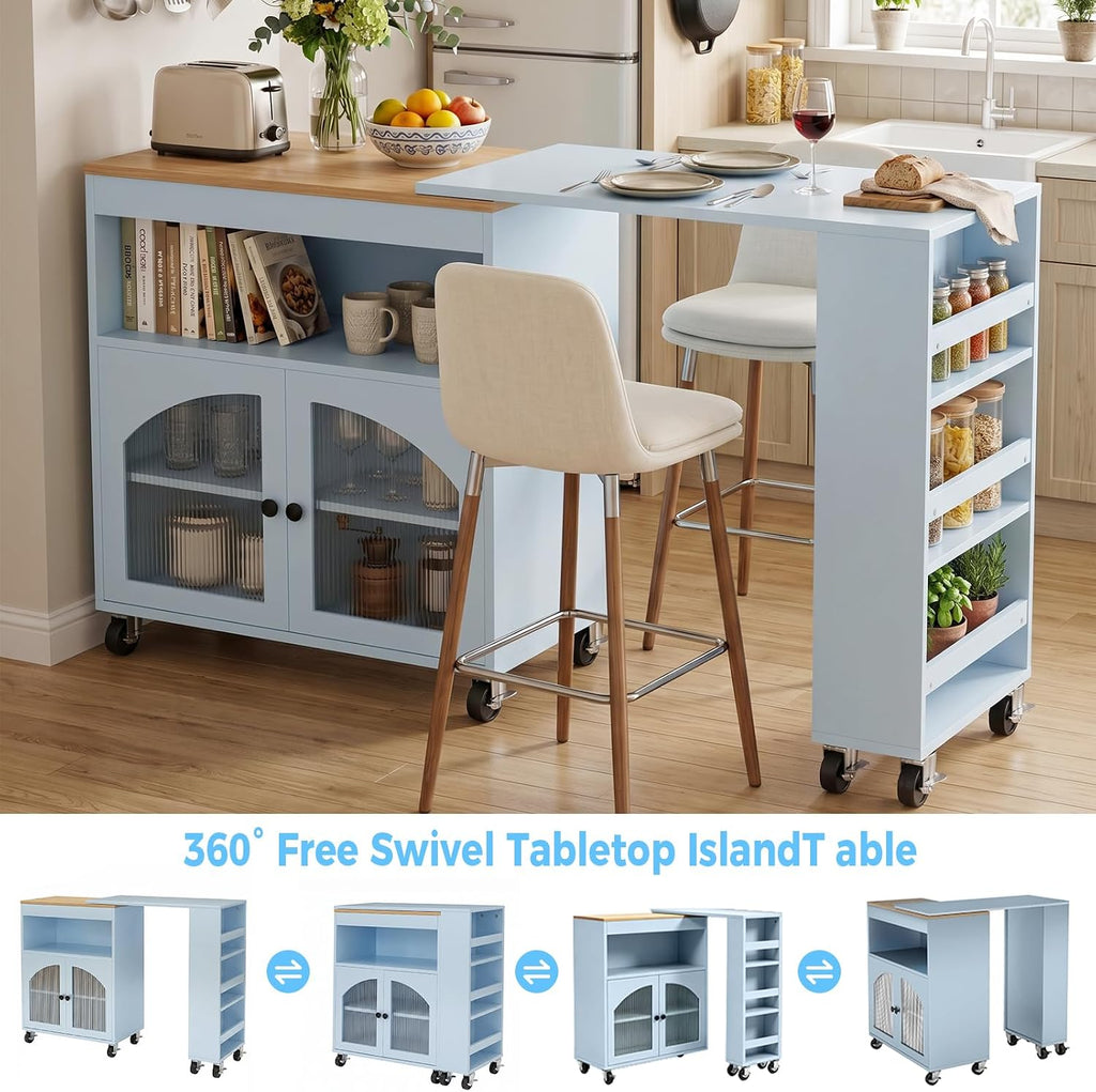 Rolling Kitchen Island with 360Â° Swivel Dining Table 71"-39" Extendable