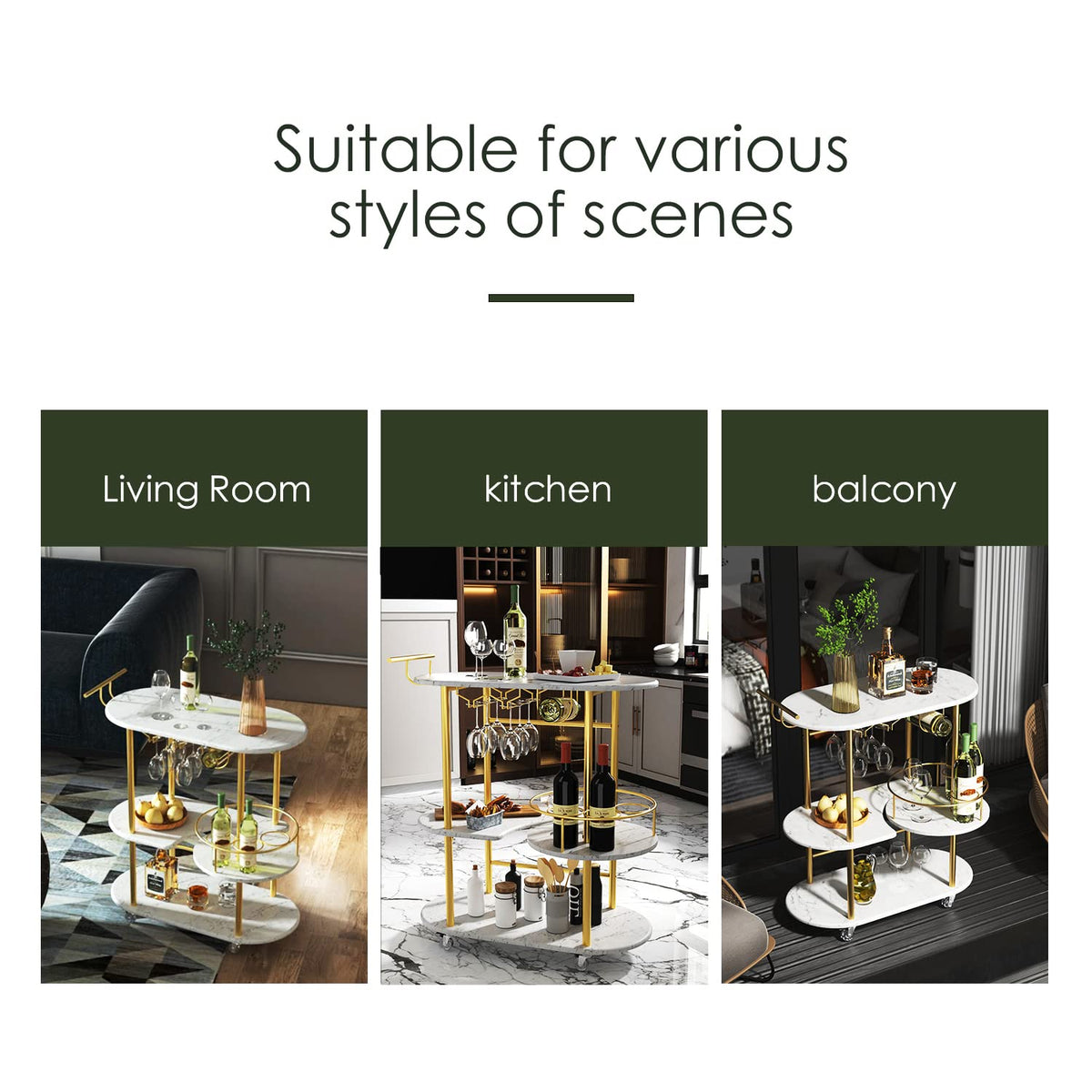 Light Gray Bar Carts with 4-Tier Storage Shelves, Mobile Bar Serving Cart with Wine Rack and Glass Holder, for The Home, Kitchen, Living Room, Dining Room