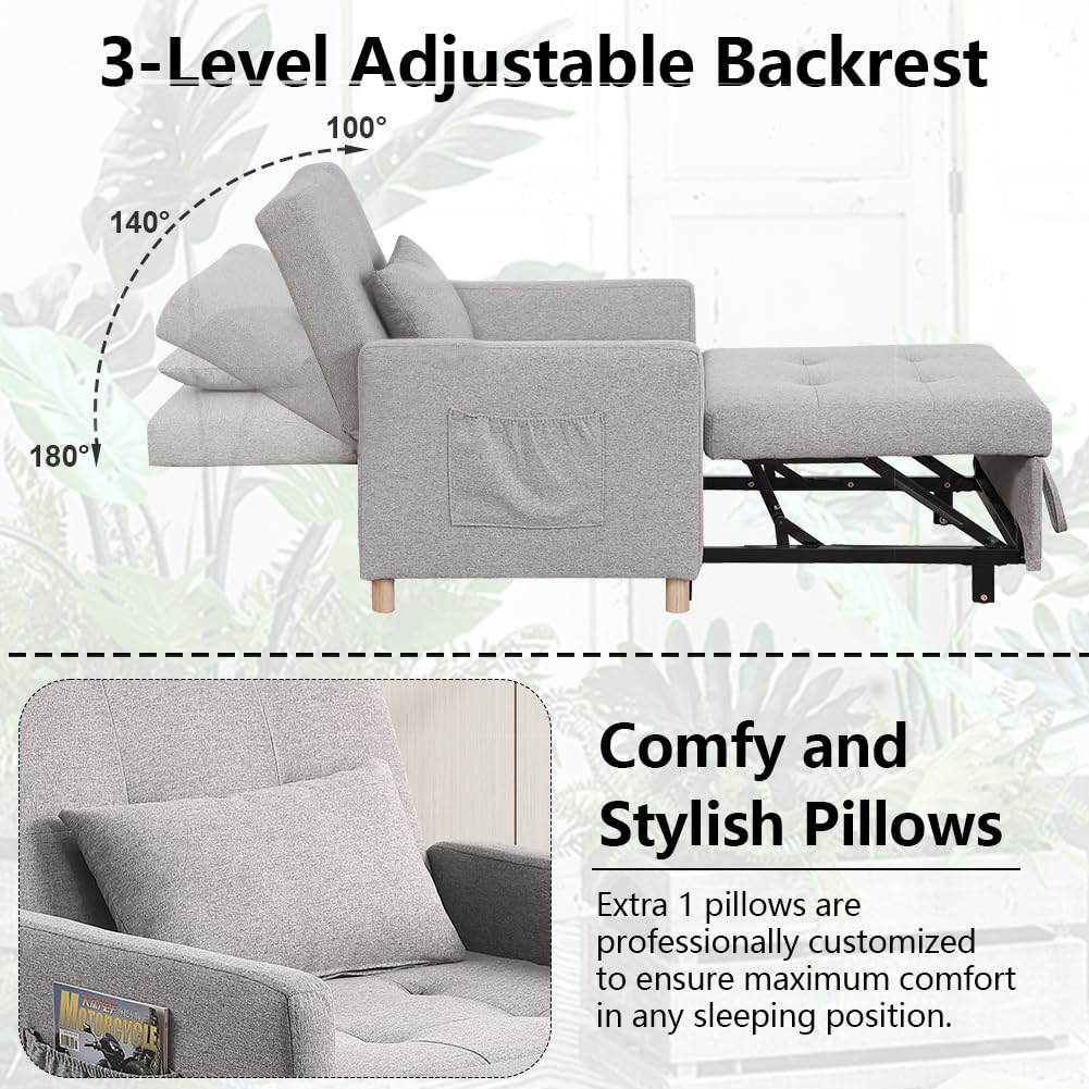 Sleeper Chair,Convertible Sleeper Sofa Chair,Pull Out Sleeper Chair with Adjustable Backrest,Multi-Functiona Lounge Chair for Living Room(Gray)