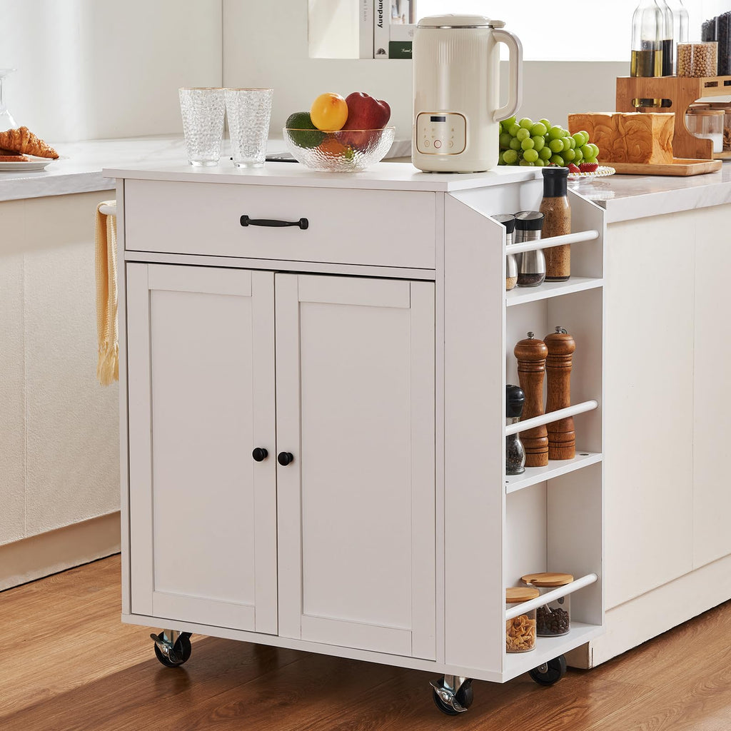 VEVOR Kitchen Island Cart with Storage, 47.64 in Wide Mobile Rolling Storage Island on Swivel Wheels, with 2 Drawers, Storage Cabinet, Drop Leaf, Towel Rack, Table for Home Dining Room, White