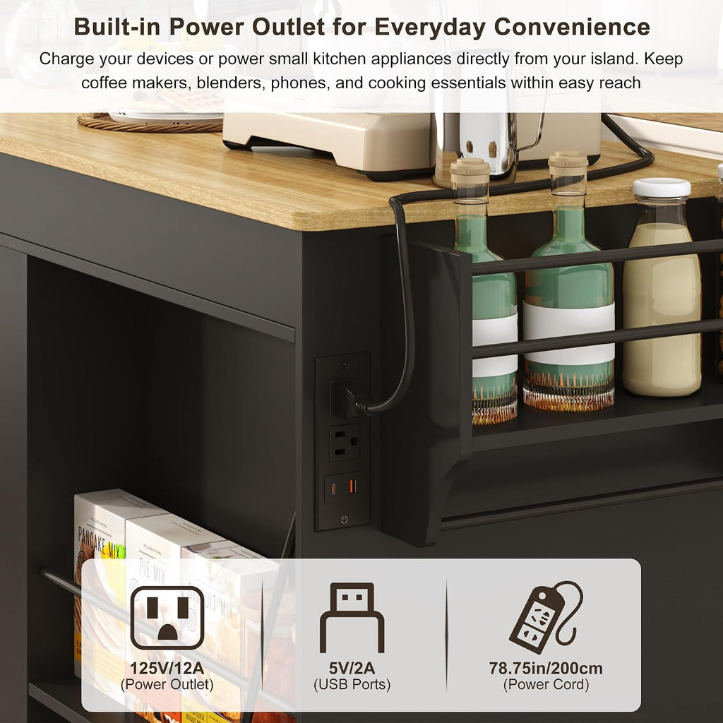 81.6"-51" Extendable Rolling Kitchen Island with Extended Dining Table & Power Outlet, Mobile Kitchen Storage Islands with Trash Cabinet, Large Islands Cart with Storage and 2 Seatings, Black