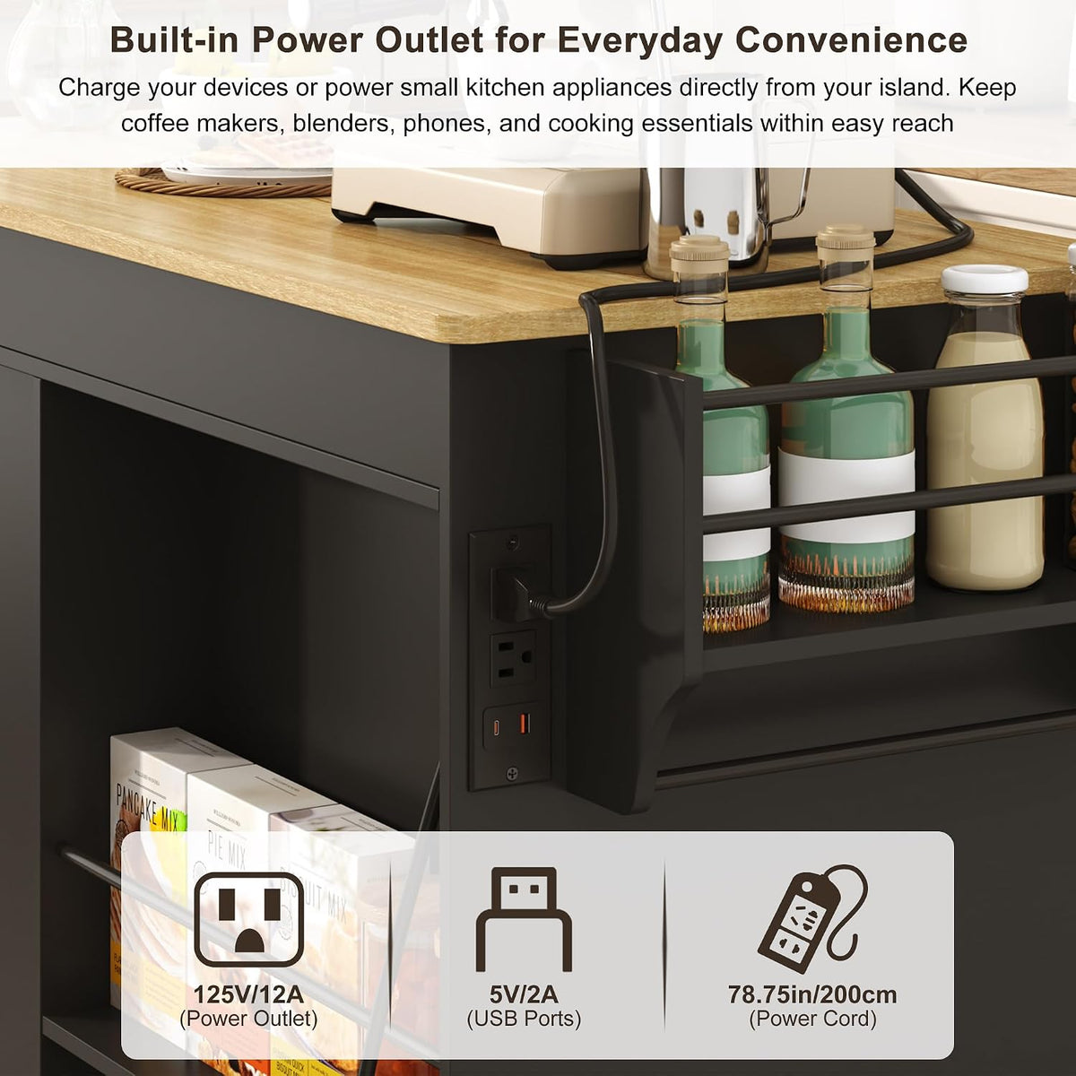 81.6"-51" Extendable Rolling Kitchen Island with Extended Dining Table & Power Outlet, Mobile Kitchen Storage Islands with Trash Cabinet, Large Islands Cart with Storage and 2 Seatings, Black