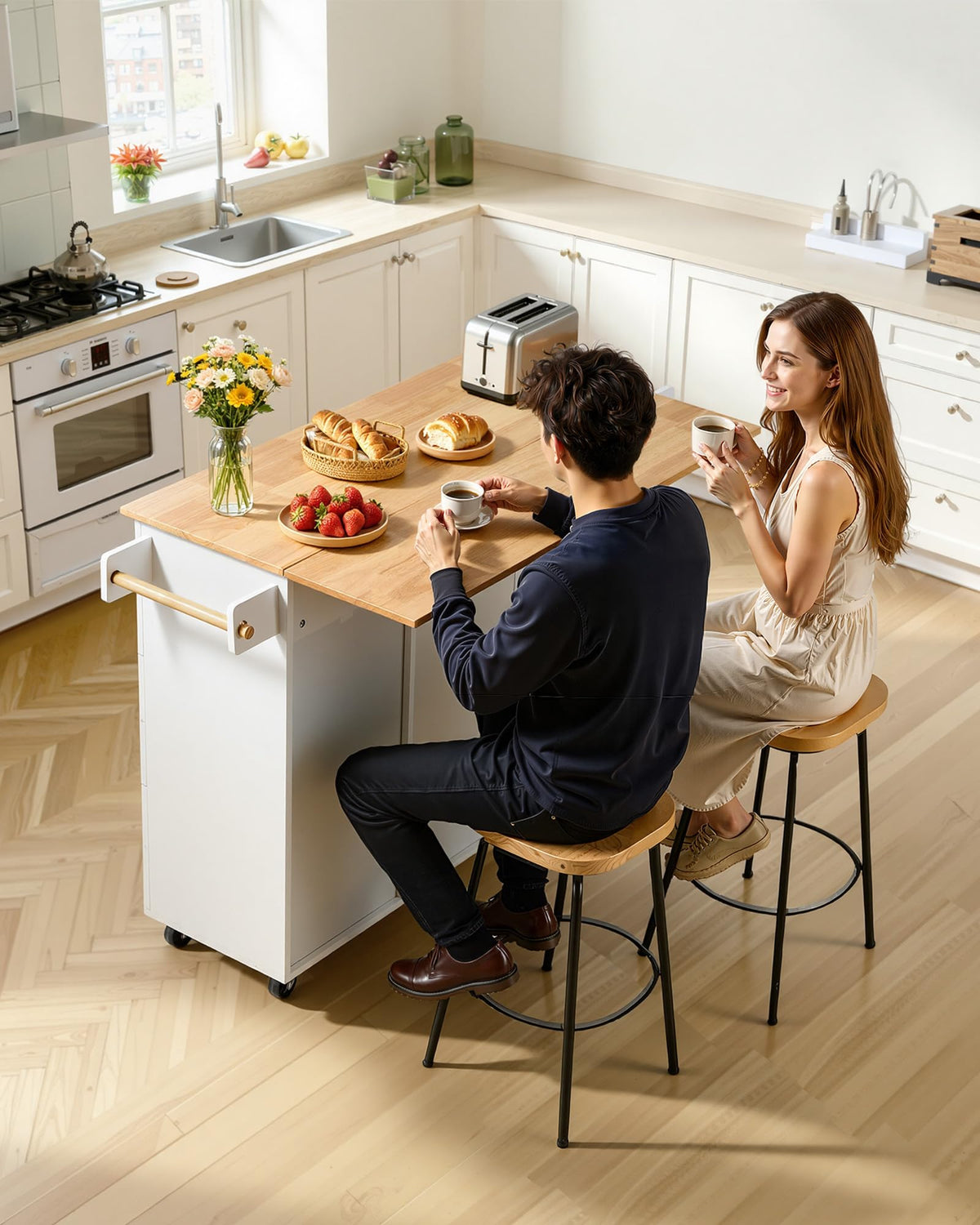 VEVOR Kitchen Island Cart with Storage, 47.64 in Wide Mobile Rolling Storage Island on Swivel Wheels, with 2 Drawers, Storage Cabinet, Drop Leaf, Towel Rack, Table for Home Dining Room, White