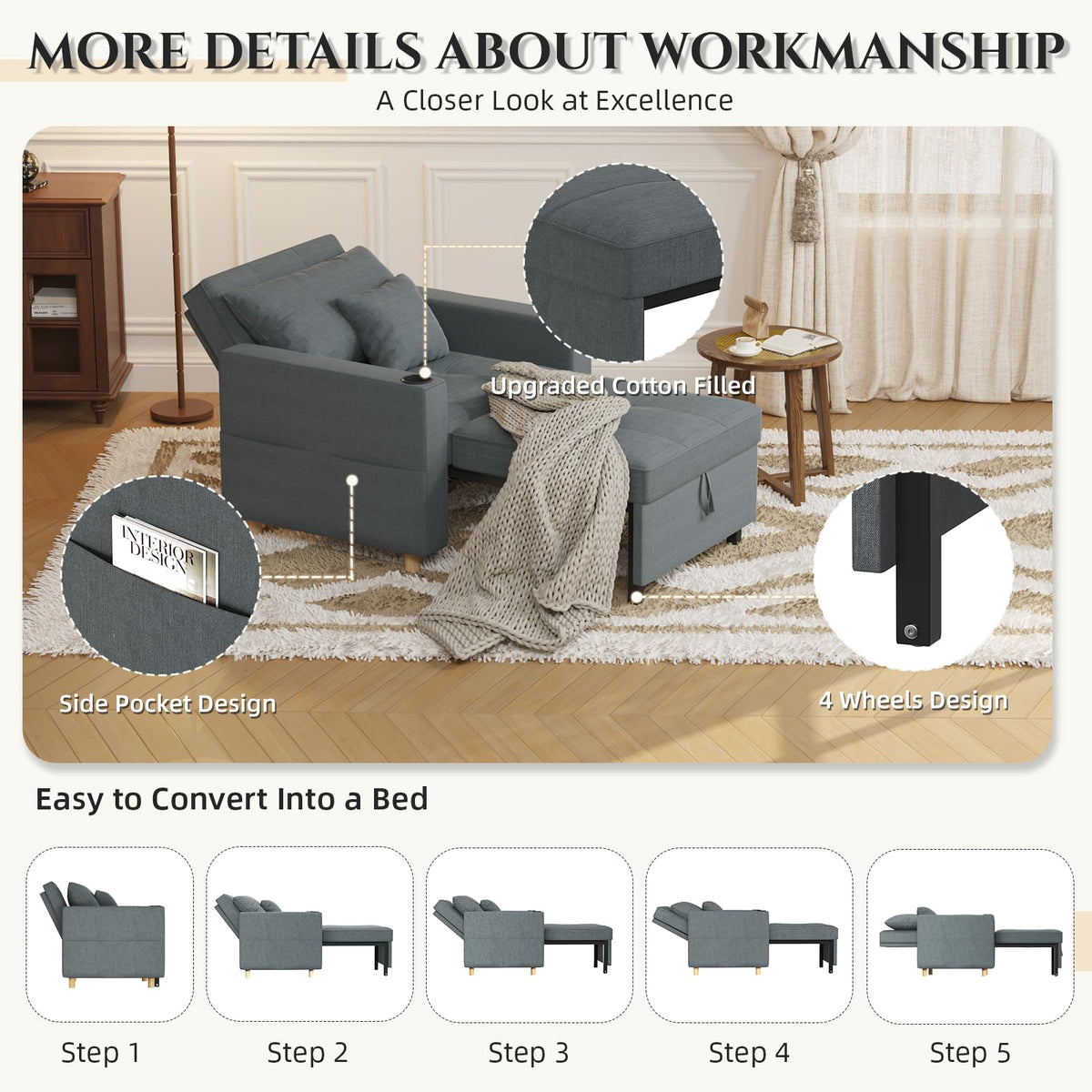 YODOLLA Sleeper Chair Pull Out Bed, Chair Bed Sleeper for Adults, Beige