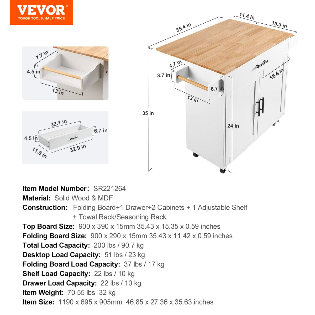 VEVOR Kitchen Island Cart with Storage, 47.64 in Wide Mobile Rolling Storage Island on Swivel Wheels, with 2 Drawers, Storage Cabinet, Drop Leaf, Towel Rack, Table for Home Dining Room, White