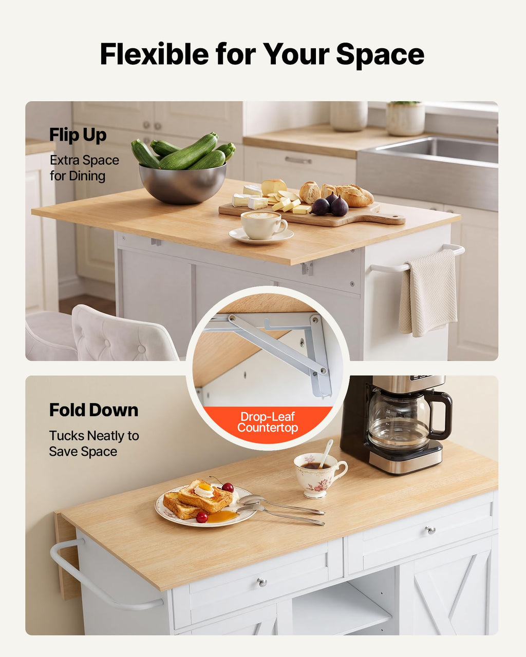 VEVOR Kitchen Island Cart with Storage, 42.28 in Wide Mobile Rolling Storage Island on Swivel Wheels, with Drawer, Storage Cabinet, Drop Leaf, Spice Rack, Table for Home Dining Room, White