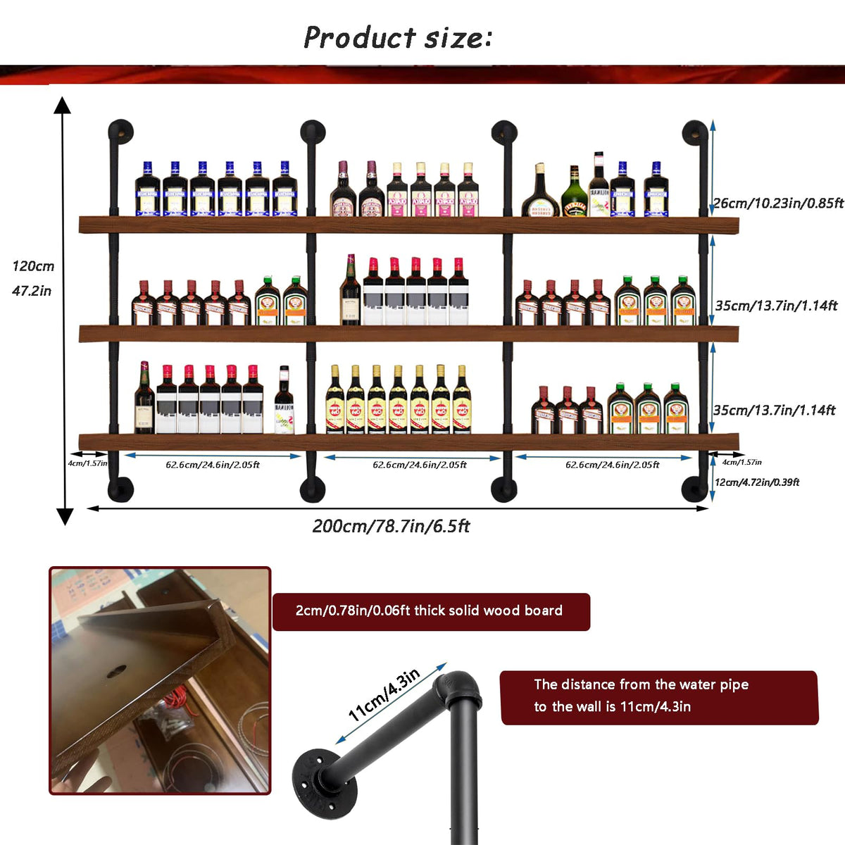 39.7in Solid Wood Wine Rack Wall Mounted with LED Light