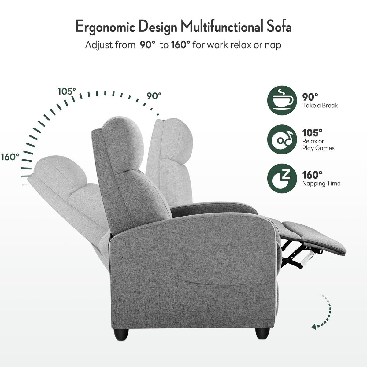 Massage Recliner Chair, Recliner Sofa Fabric for Adults, Recliners Home Theater Seating with Lumbar Support, Reclining Sofa Chair for Living Room, Ink