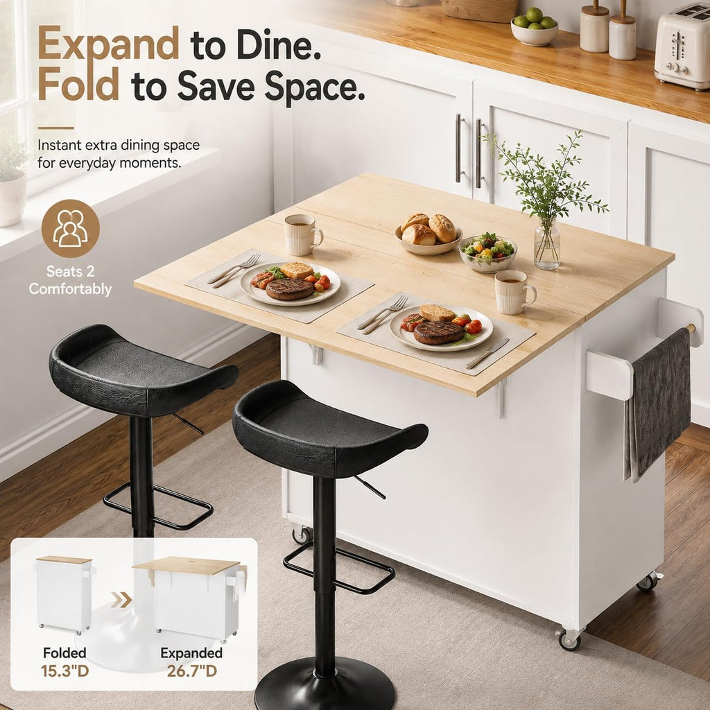 IRONCK Kitchen Island Table on Wheels with Drop Leaf, 47.25" Wide White