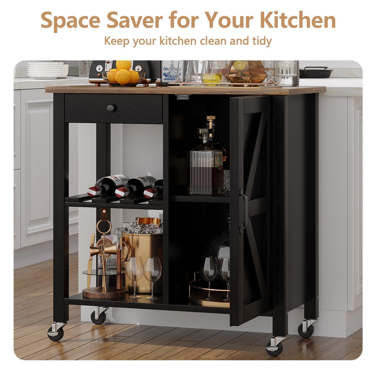 Small Kitchen Island Cart on Wheels with 31.4'' Wood Tabletop, White