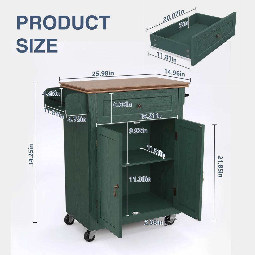 HLR 26'' Small Kitchen Island, Vintage Wood Kitchen Cart on Wheels, Blue