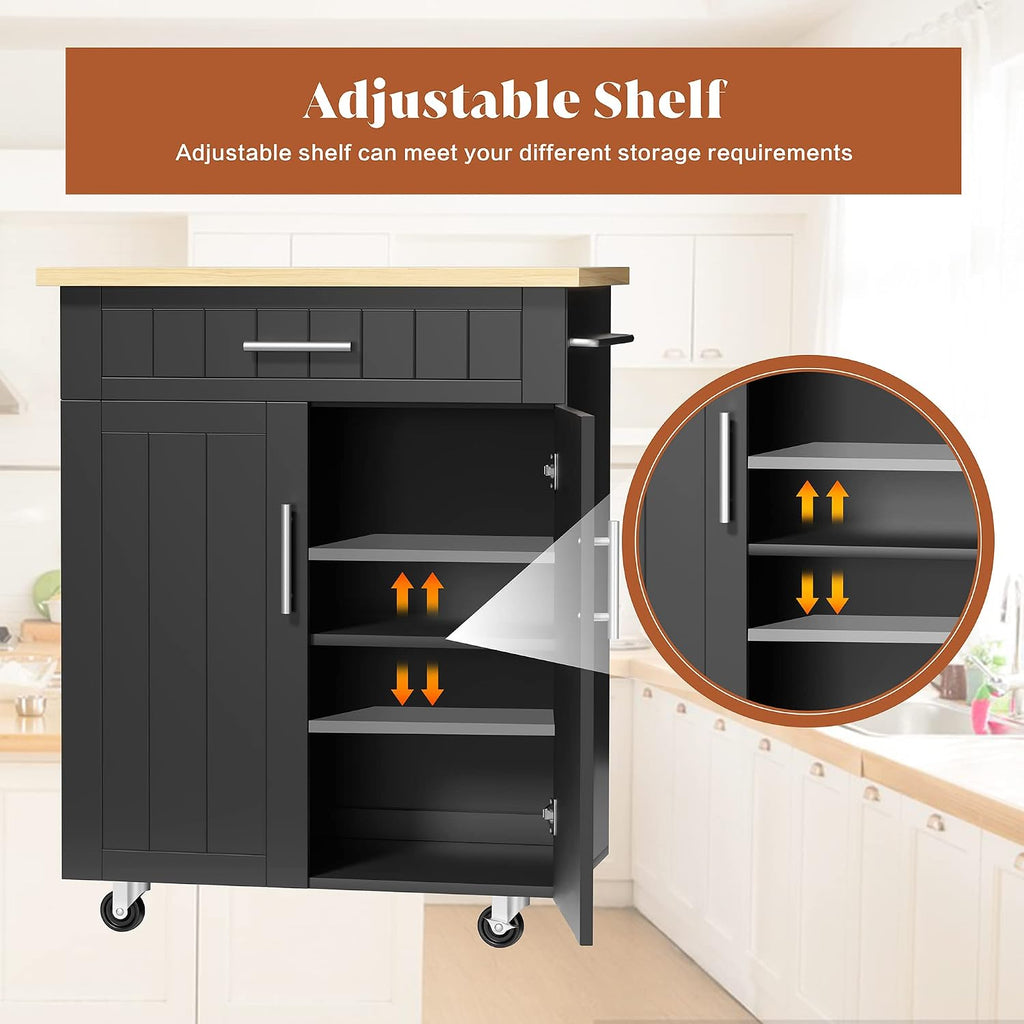 SUNLEI Kitchen Island Cart on Wheels with Storage Cabinet & Drawer, 26" Width Rolling Kitchen Table, Cart Handle for Towel Rack or Free Mobility, Kitchen Cart, Dining Room(Black)