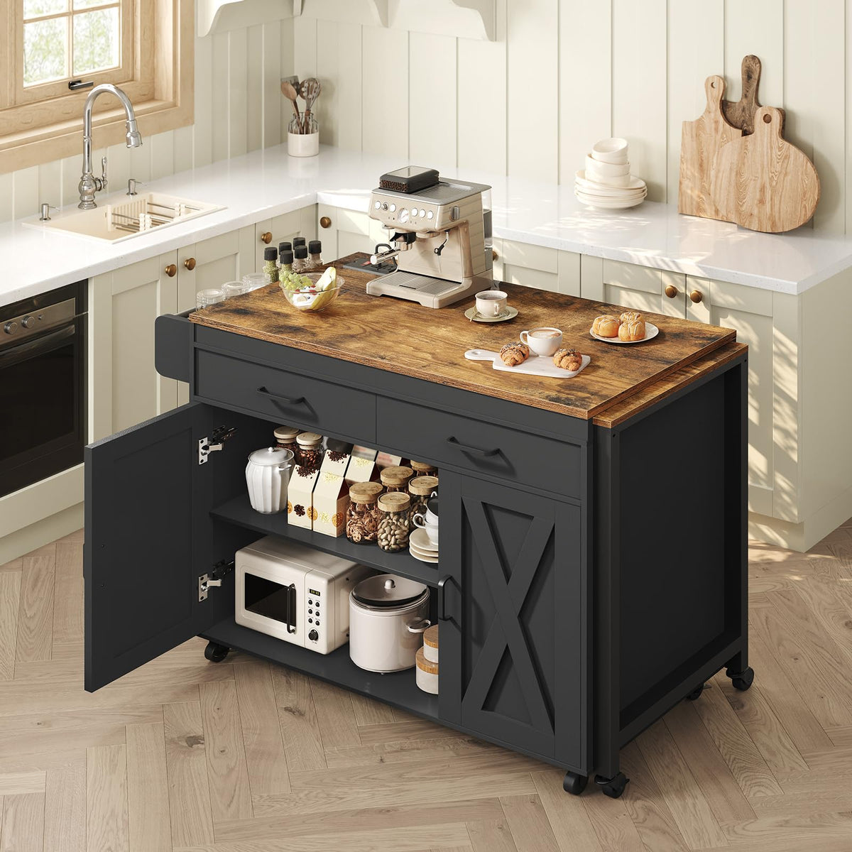 YATINEY Extendable Kitchen Island, Large Mobile Kitchen Storage Island, Rolling Kitchen Cart with Outlets, Island Table for Kitchen, White ZD03UWH