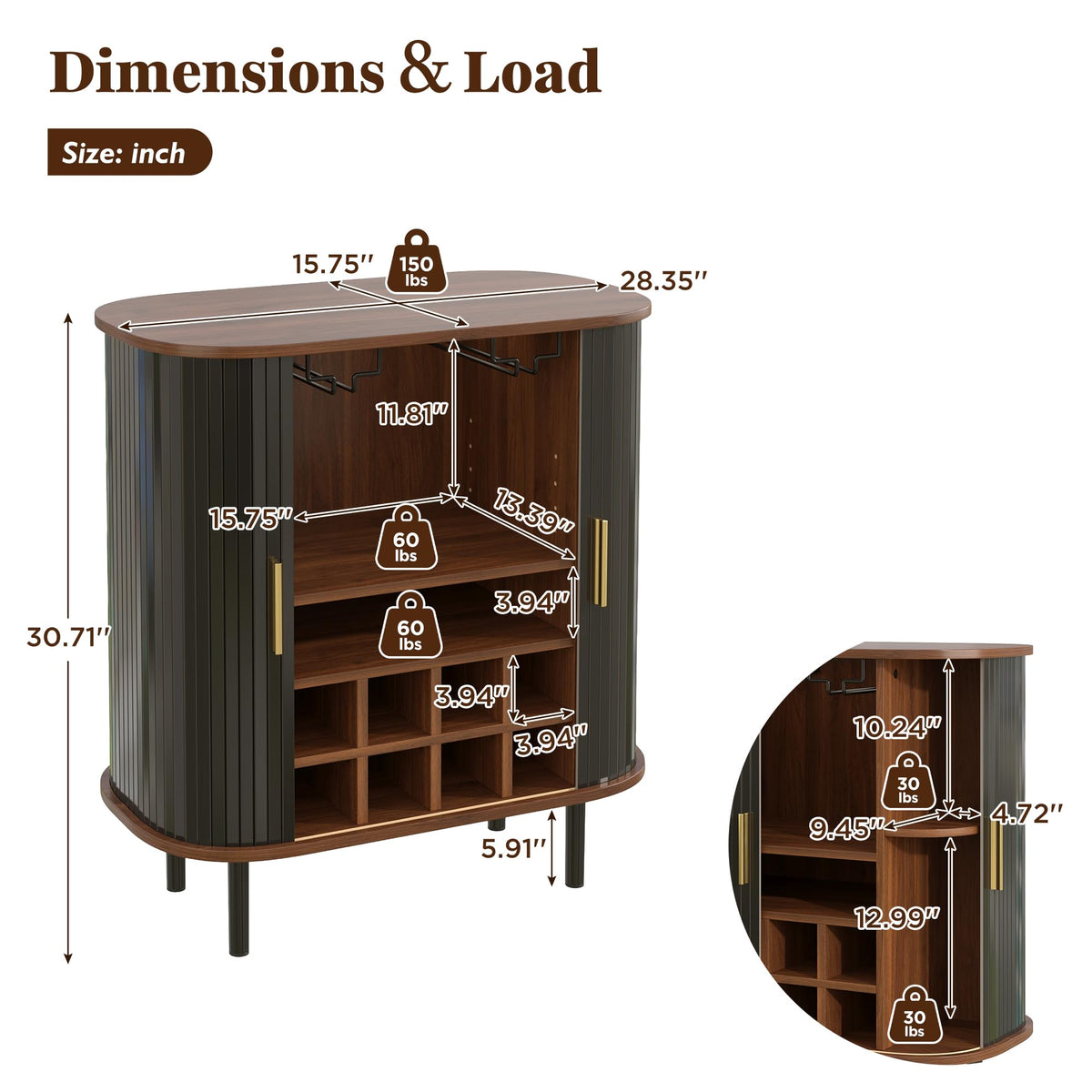 28" Fluted Wine Bar Cabinet with Storage, Modern Liquor Cabinets, Walnut