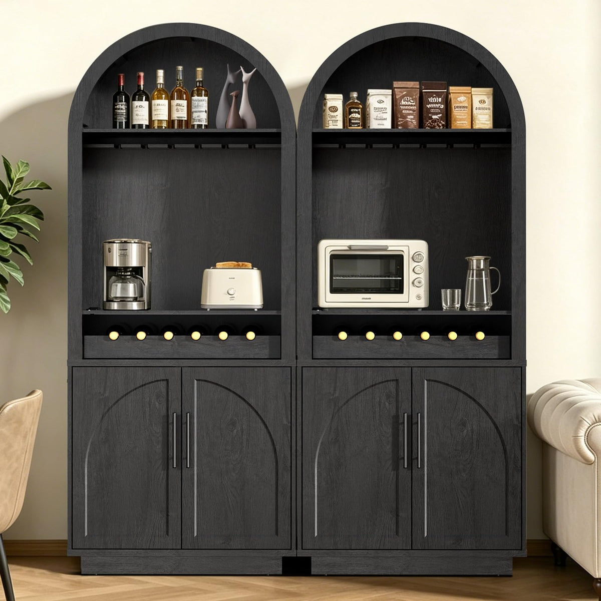 Fatmok 79" Tall Arched Pantry Cabinet with LED Light & Charging Station, Modern Coffee Bar Liquor Cabinet with Wine Rack & Glass Holder, Kitchen Storage Cabinet with Adjustable Shelves, Black Grey