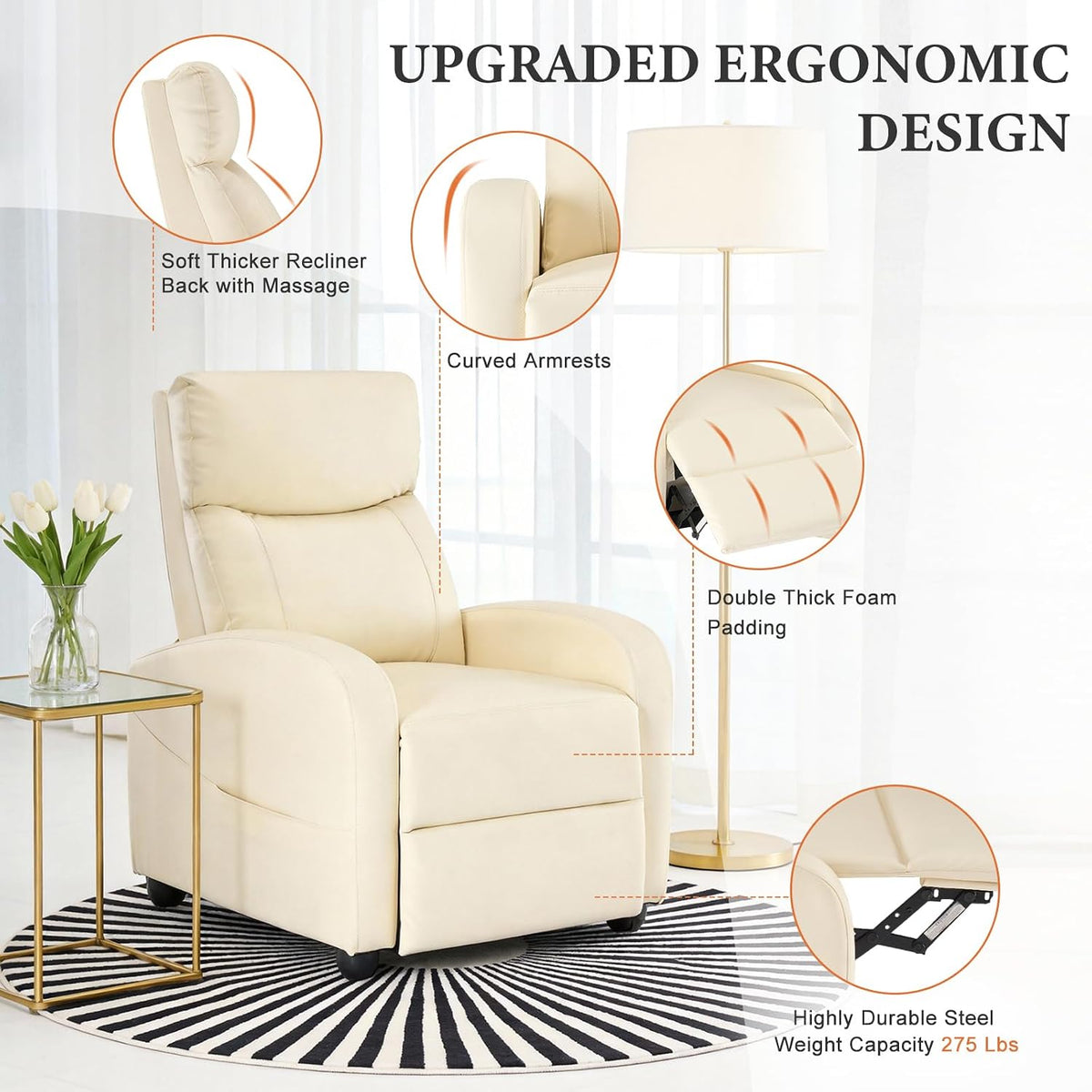 OLIXIS Recliner Chair, Reclining Sofa Chair with 3 Adjustable Angles
