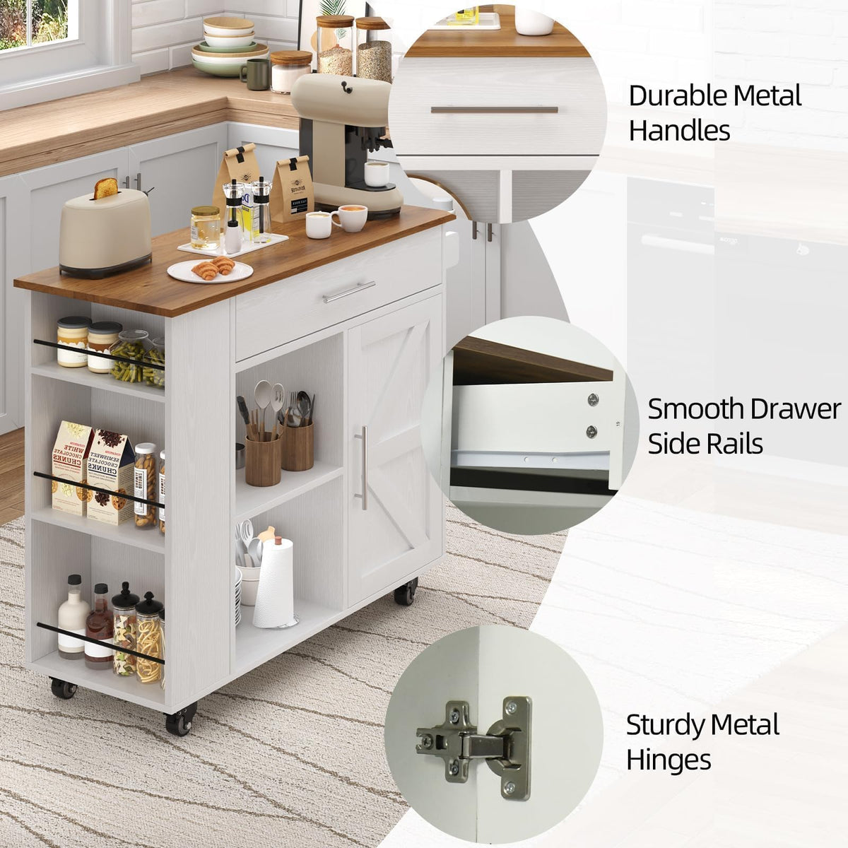 39'' Kitchen Island with Storage, Rolling Kitchen Island on Wheels, Grey