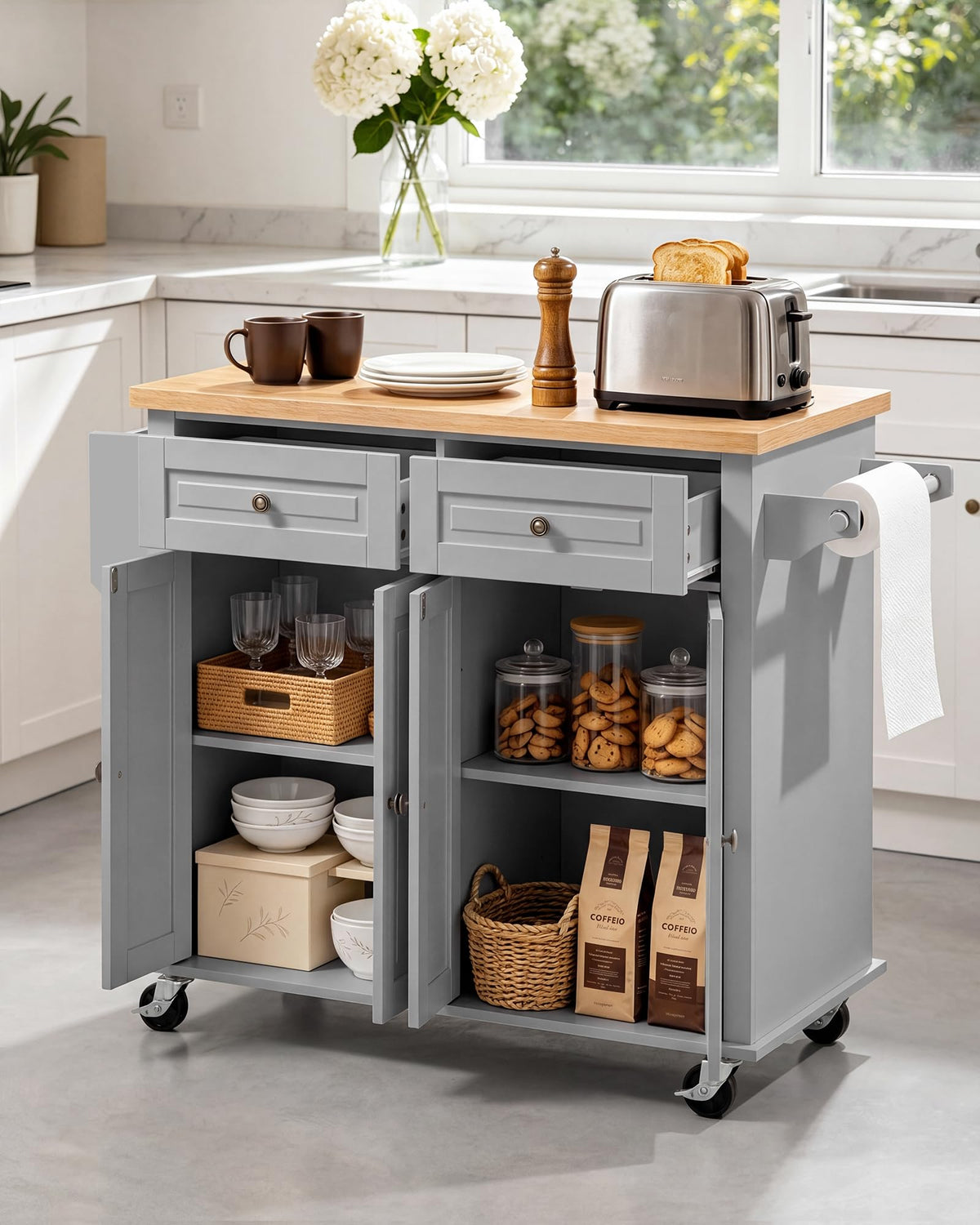 VEVOR Kitchen Island Cart with Storage, 43.58 in Wide Mobile Rolling Storage Island on Swivel Wheels, with 2 Drawers, Storage Cabinet, Drop Leaf, Spice/Towel Rack, Table for Home Dining Room, White