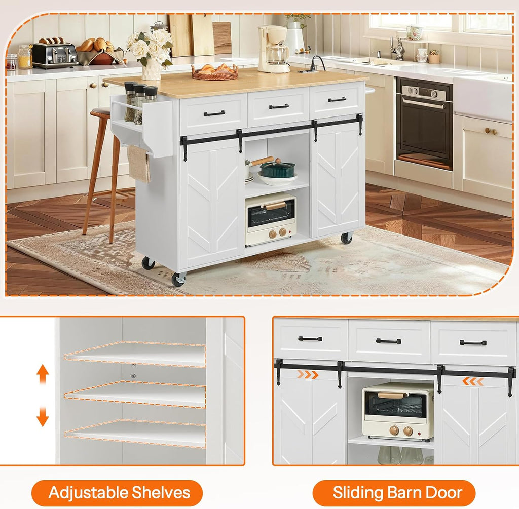 HOOBRO Kitchen Island with Drop Leaf, Rolling Kitchen Cart on Wheels with Power Outlet, Sliding Barn Door Storage Cabinet, 3 Drawers & Spice Rack for Dining Room, White and Natural WN70UZD01
