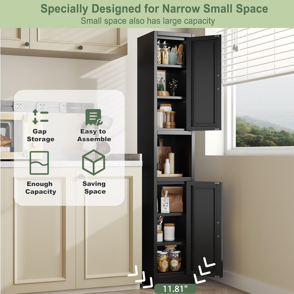 67" Tall Metal Pantry Cabinet, Narrow Freestanding Storage Cabinet, Black