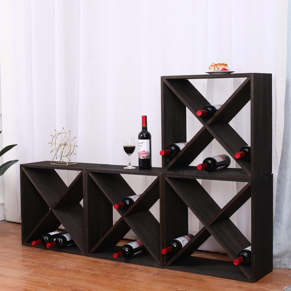 Wine Racks countertop Solid Wood Stackable Storage Rustic Retro Cube 48-Bottle Wooden Wine Rack Wine Cabinet(48BottleBlack)