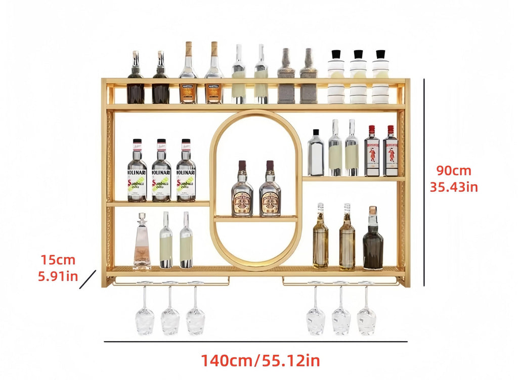 39" Upgrade Metal Wall Mounted Wine Rack, 3-Tier Large Capacity Hanging Bar Shelf, Modern Liquor Wall Shelves for Home & Dining, Gold
